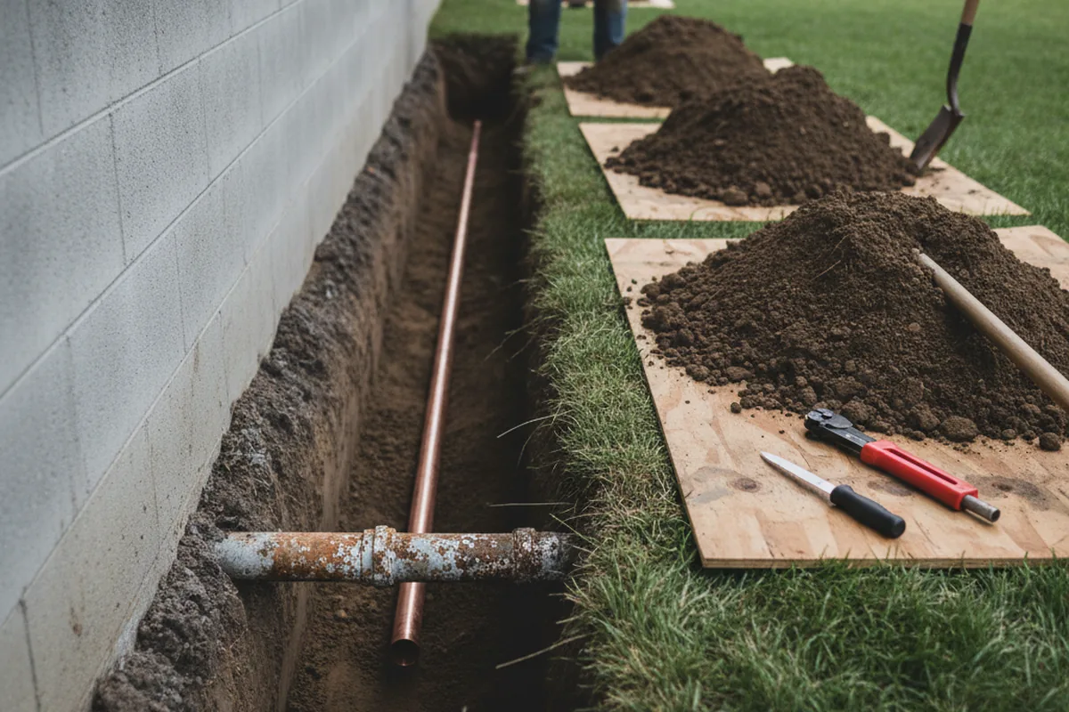 Excavated water line trench during Water Heater Repair in Charlestown
